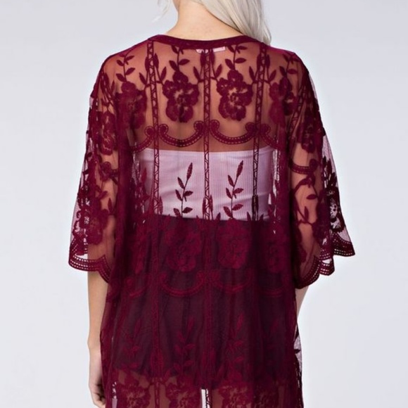 1 left- Red Lace Sheer Embroidered Kimono Cardigan - Picture 5 of 5